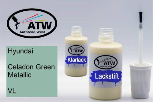 Hyundai, Celadon Green Metallic, VL: 20ml Lackstift + 20ml Klarlack - Set, von ATW Autoteile West.